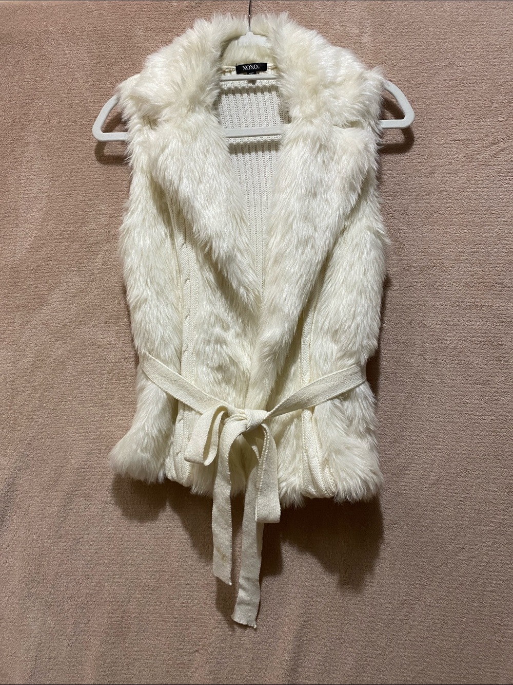 XOXO Cream Faux Fur Belted Knit-Back Vest